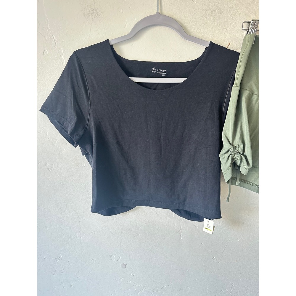 NEW OFFLINE by Aerie Womens XL Activewear Set Black Crop Top Olive Ruched Shorts - Picture 3 of 13